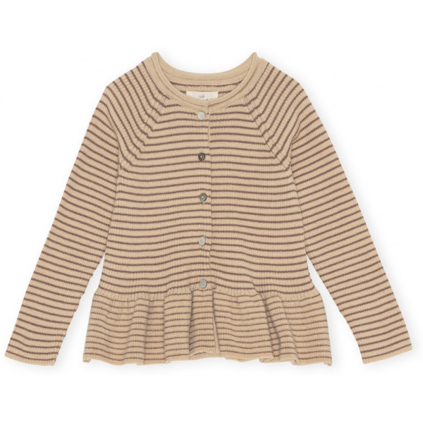 meo frill cardigan met ruches peppercorn stripe. konges slojd. babykleding konges slojd. konges slojd vestje. gebreid vestje bruin en beige