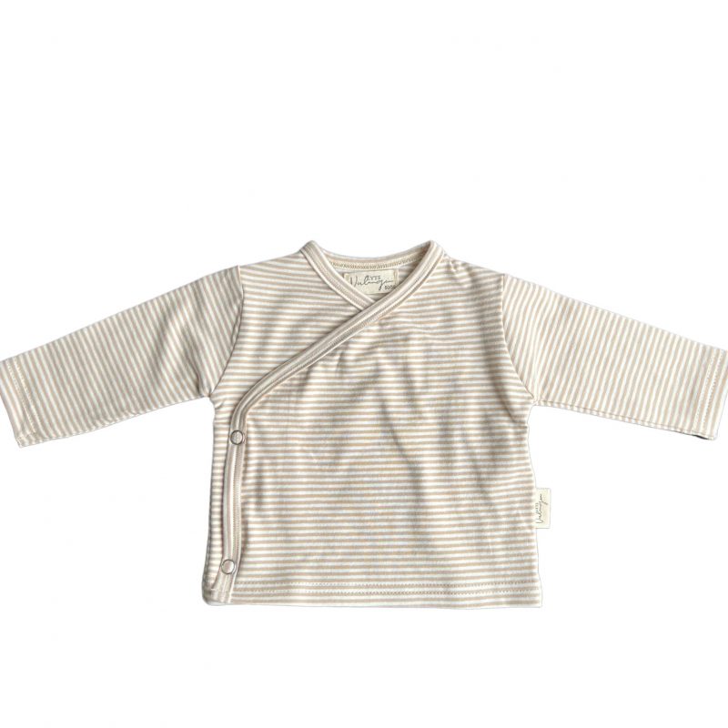 overslagshirtje streepje sand. overslagshirtje baby. overslagshirtje maat 50. overslagshirtje beige wit